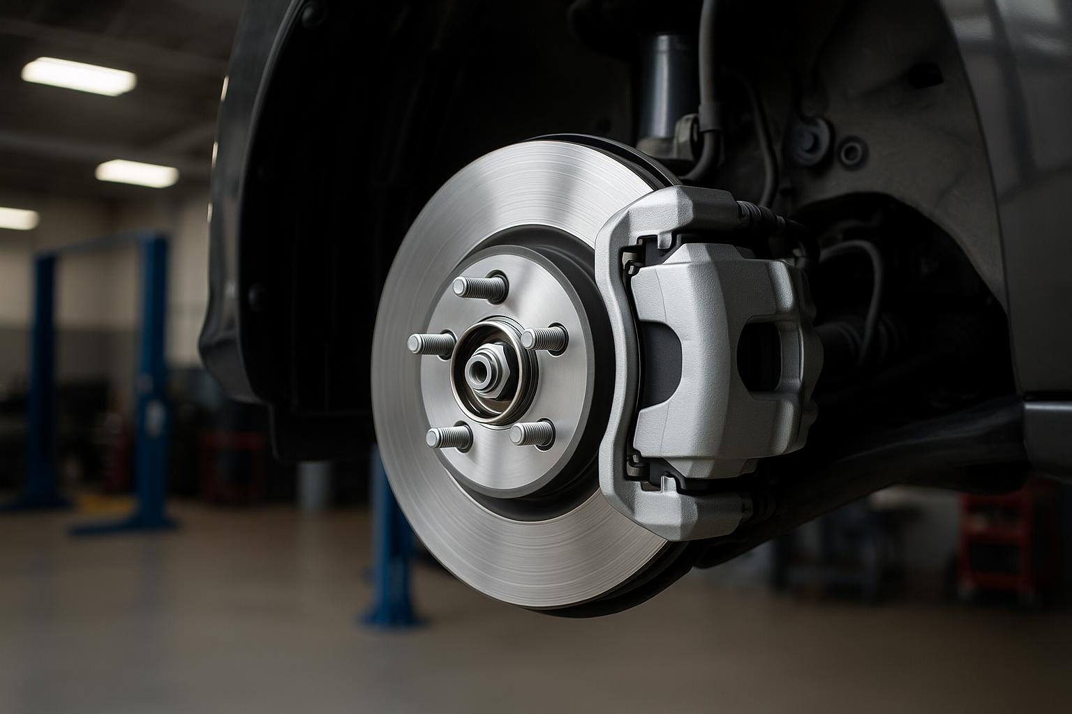 Close-up photo of a car's brake pads, rotors, and calipers in a professional auto repair shop in Castle Rock, Colorado, highlighting the importance of brake inspection.