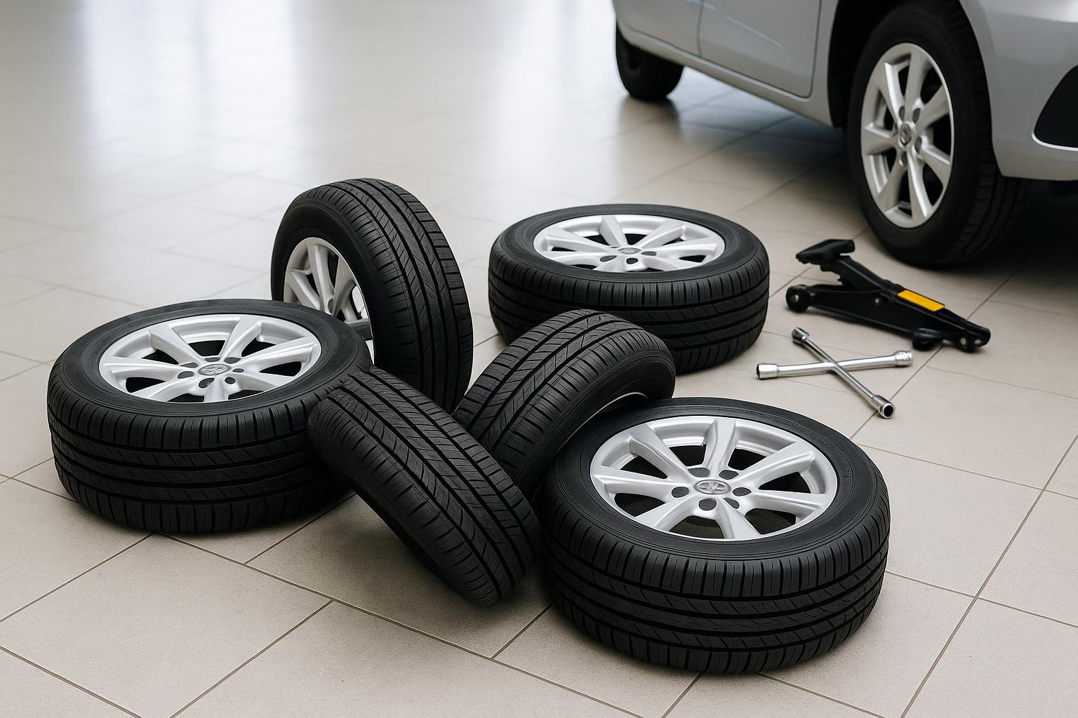 A stock photo of four car tires arranged in a cross pattern next to a vehicle on an auto shop floor, with tire rotation tools nearby, emphasizing professional tire maintenance.