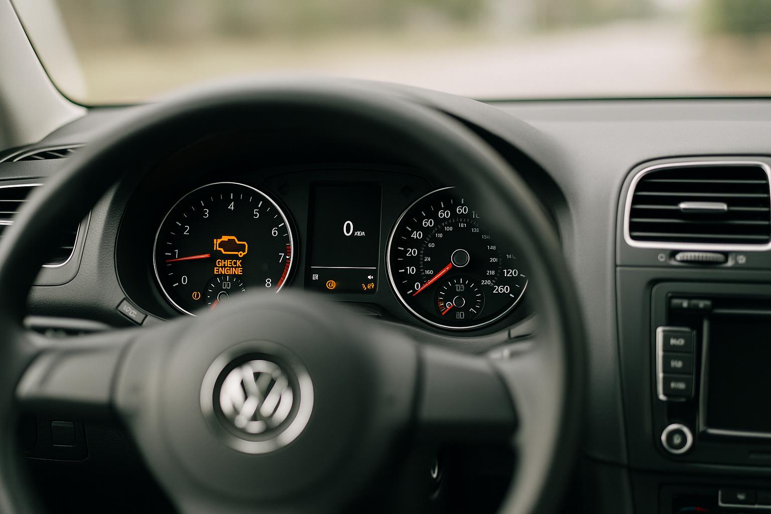 Dashboard of a modern car with the check engine warning light illuminated, viewed from the driver's seat, no people visible.