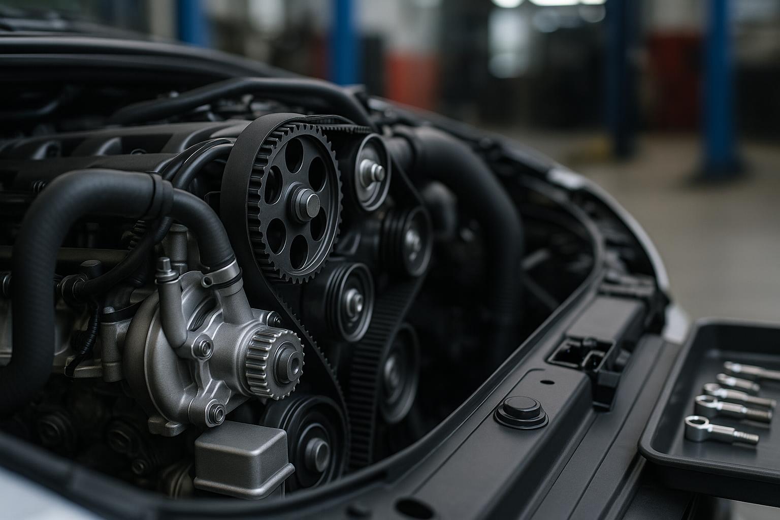 Close-up stock photo of a car engine compartment highlighting the timing belt and water pump components, taken in a professional auto repair shop with no people visible.